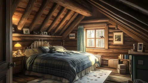 Sunlit cabin loft bedroom wrapped in rustic morning calm.