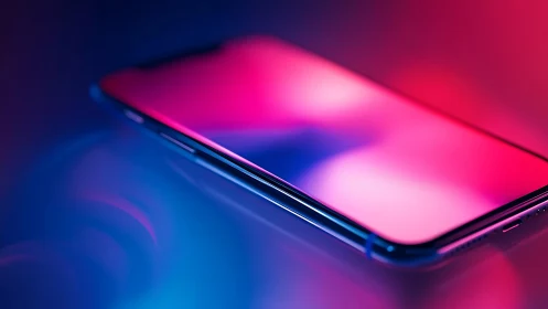 Edge-to-edge smartphone glows under neon gradient light.