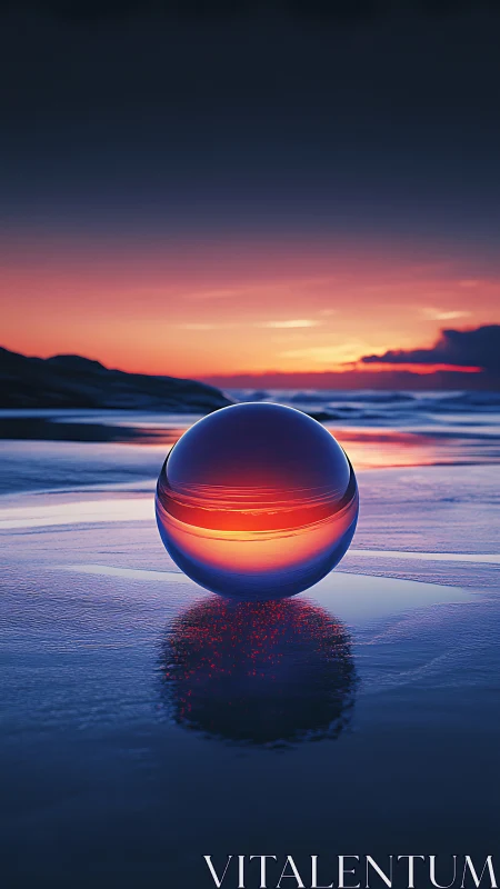 Glowing glass sphere on reflective shoreline at sunset.