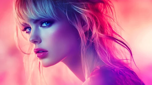 Luminous neon portrait of a dreamy, blue eyed young woman.