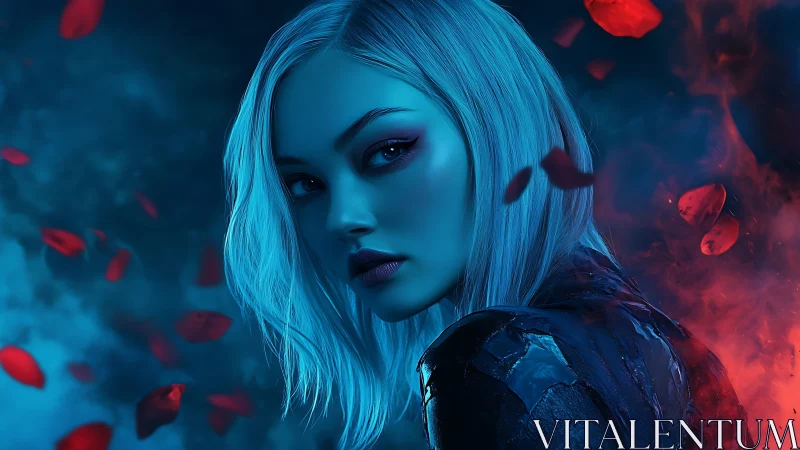 Cyan-lit cyber femme amid red particle embers turns back