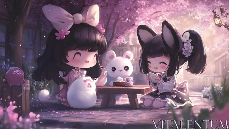 Sweet friends share tea beneath glowing cherry blossoms