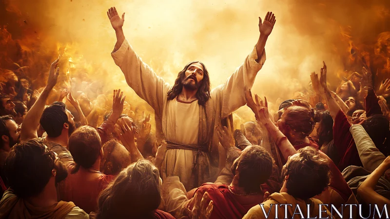 Radiant spiritual leader lifted by worshipping crowd in light.