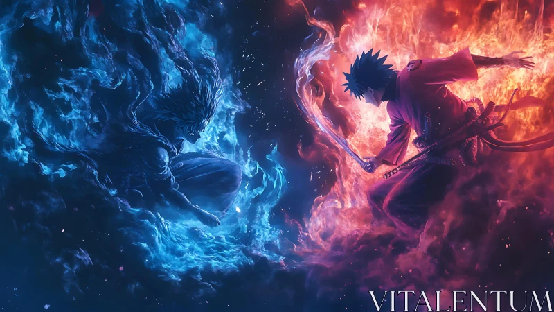 Bifurcated elemental duel with blue plasma and red flame fields.