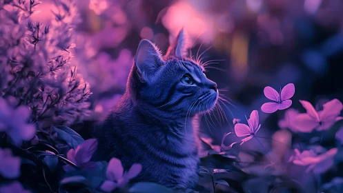 Cat Among Luminous Blooms in Ethereal Purple Light.