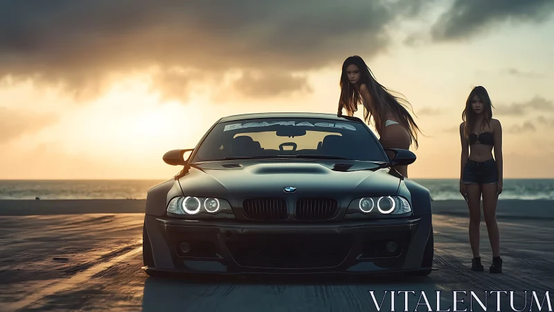 Modified BMW coupe with two women posing at seaside sunset