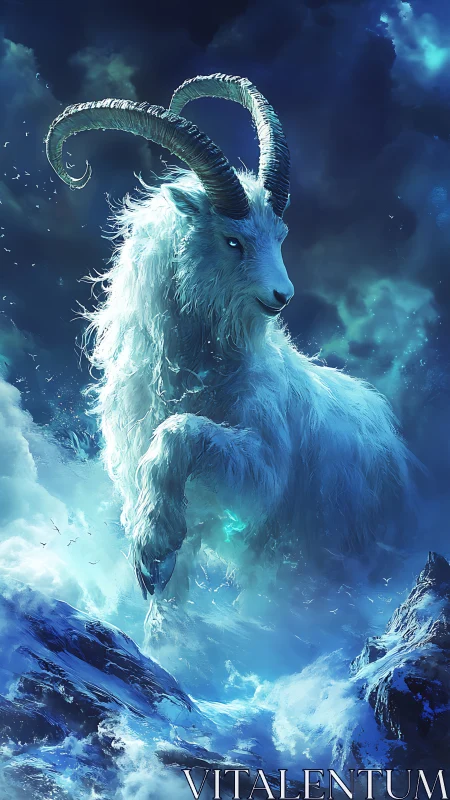 Storm-charged sky goat strides through frozen aurora clouds