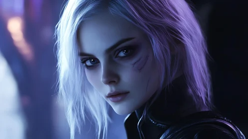 Cyberpunk portrait of scarred woman in neon rim light.