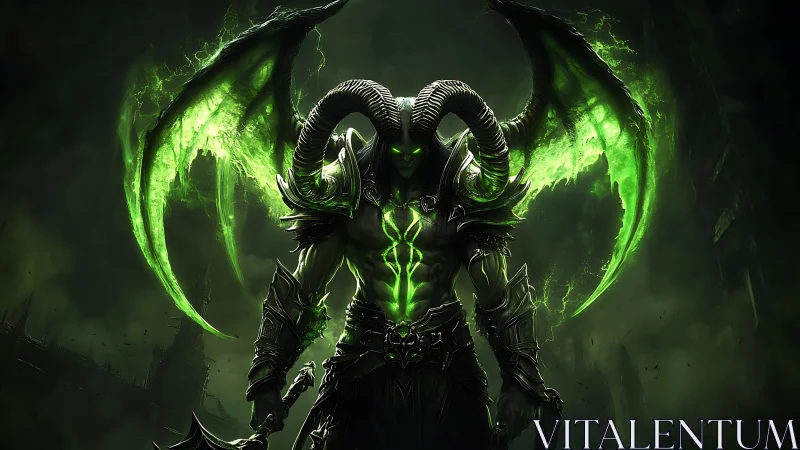 Dark horned demon warrior rises with blazing green power