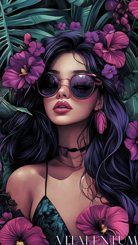 Digital painting portrait in lush tropical floral framing.