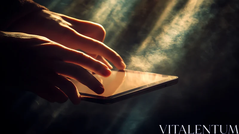 Hands on glowing tablet in dramatic shafted light scene.