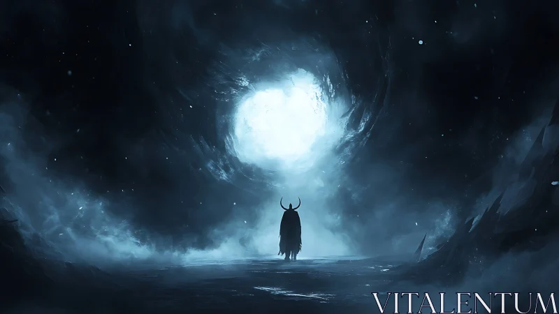 Horned silhouette in icy cavern before bright circular light.