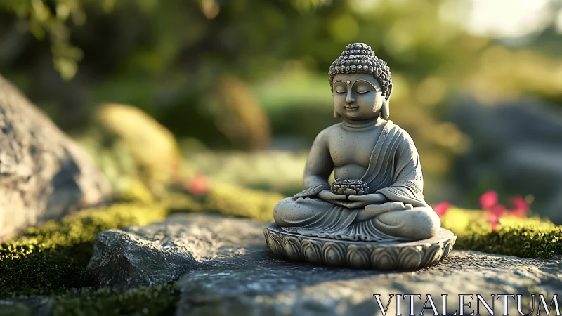 Gentle Buddha statue rests peacefully in a sunlit garden