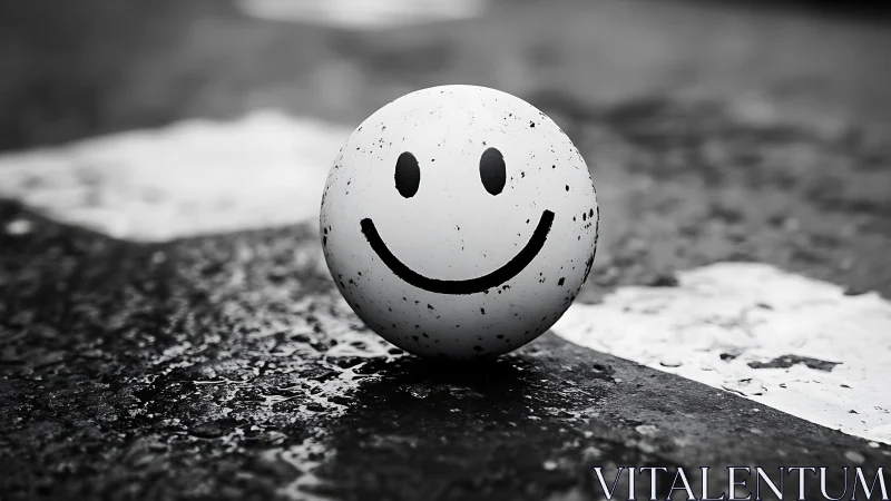 Smiley face ball rests on wet asphalt in grayscale scene