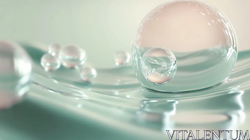Glasslike bubbles drift across soft mint liquid surface.