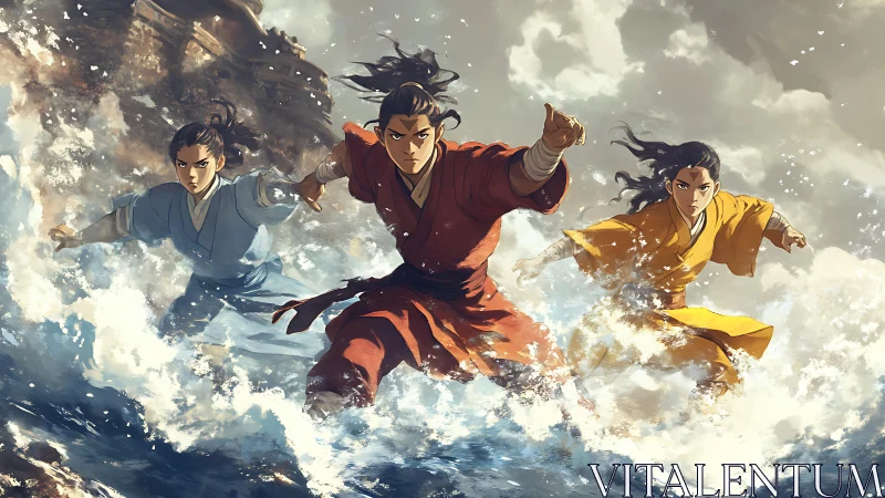 Martial warriors stride across storm waves in dynamic formation.