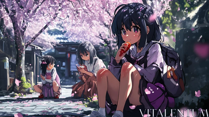 Anime schoolgirls under cherry blossoms in high-detail courtyard.