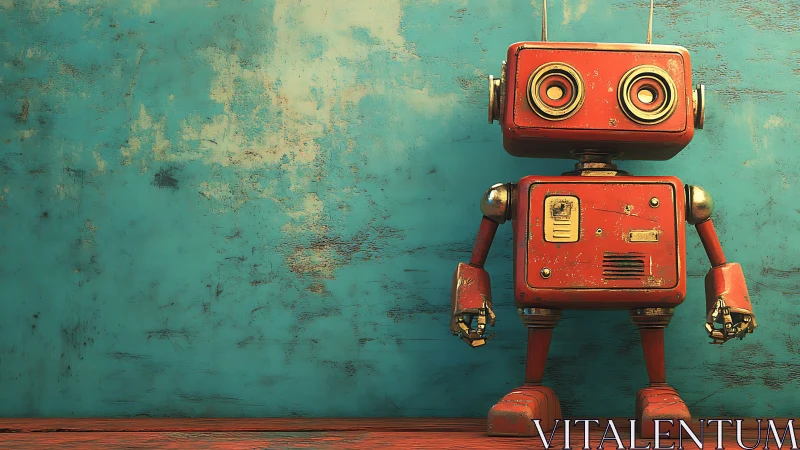 Red vintage robot toy against worn teal textured wall.