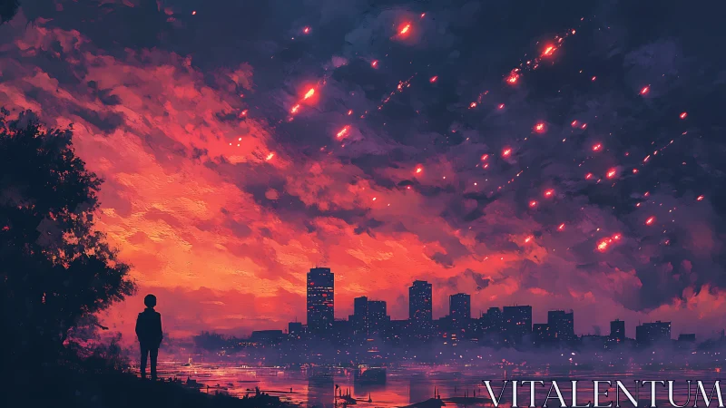 Solitary watcher under meteor storm above burning skyline.