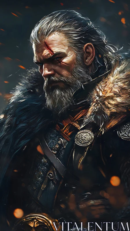 Battle-scarred winter warlord wrapped in ember-kissed furs.