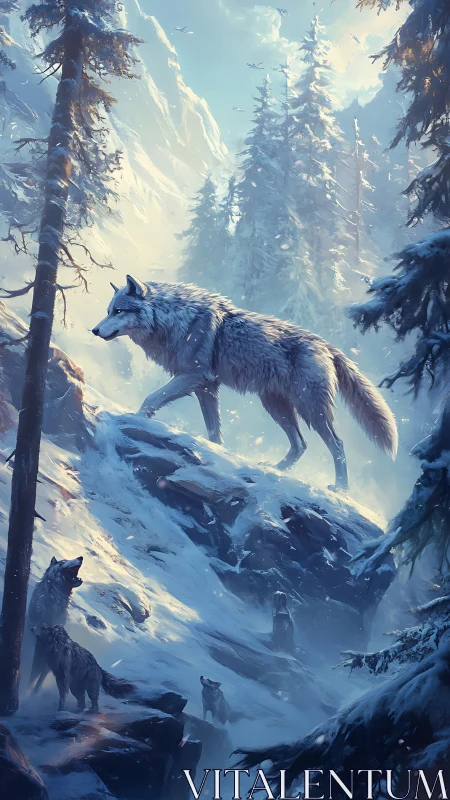 Alpha wolf cresting icy ridge under diffuse alpine backlight