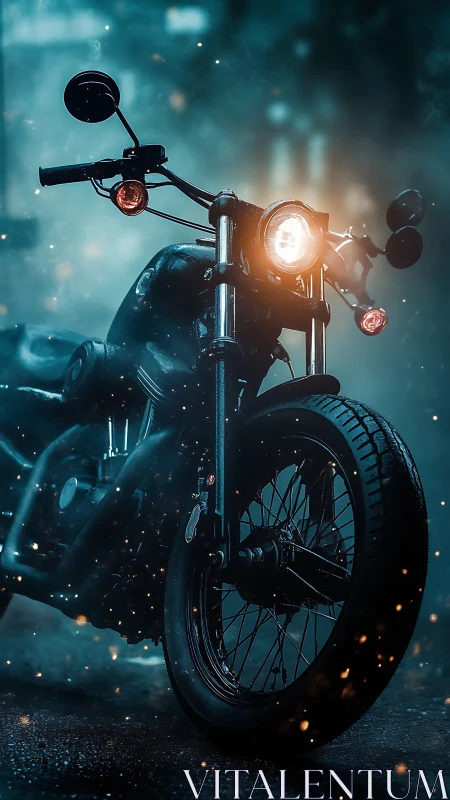 Midnight cruiser motorcycle cuts through glowing city mist.