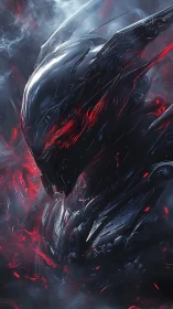 Cybernetic wraith emerges in swirling red and smoke-lit void.