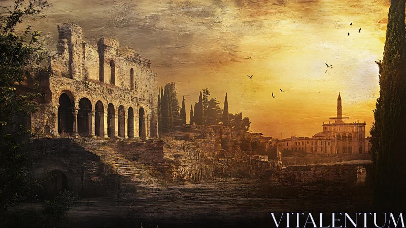 Sunlit Roman ruins with colonnades under textured sunset sky