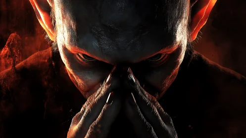 Demonic humanoid creature stares downward with clasped hands.