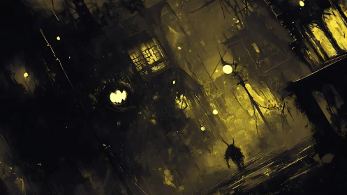 Midnight wanderer explores a glowing fog drenched city street