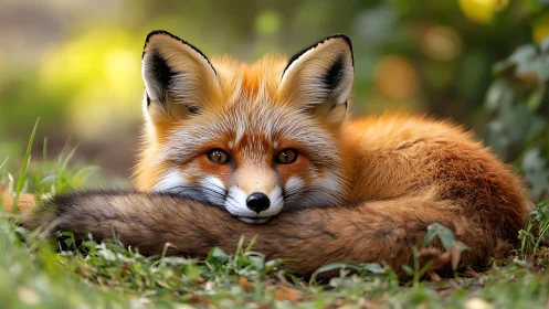 Red fox lying on grass with curled tail in foreground.