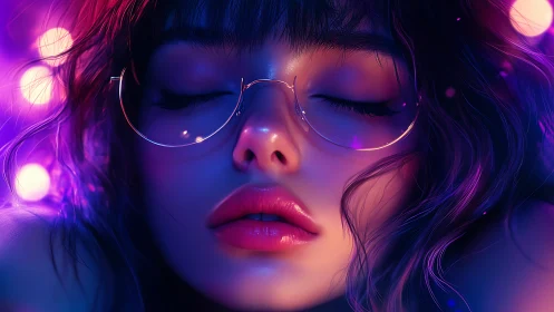 Neon glow caresses a serene girl lost in quiet dreams