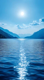 High sun over mountain lake with linear water reflections.