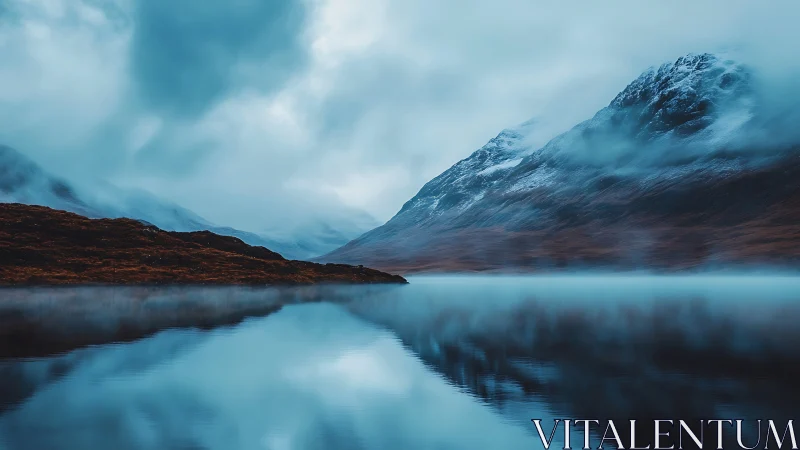 Misty mountain lake reflects snowcapped peaks in cold light