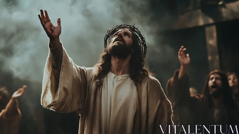 Crowned figure lifts wounded hand in dramatic sacred moment.