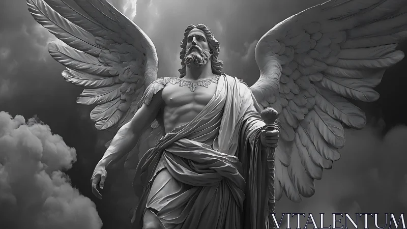 Winged marble figure with staff against clouded sky.