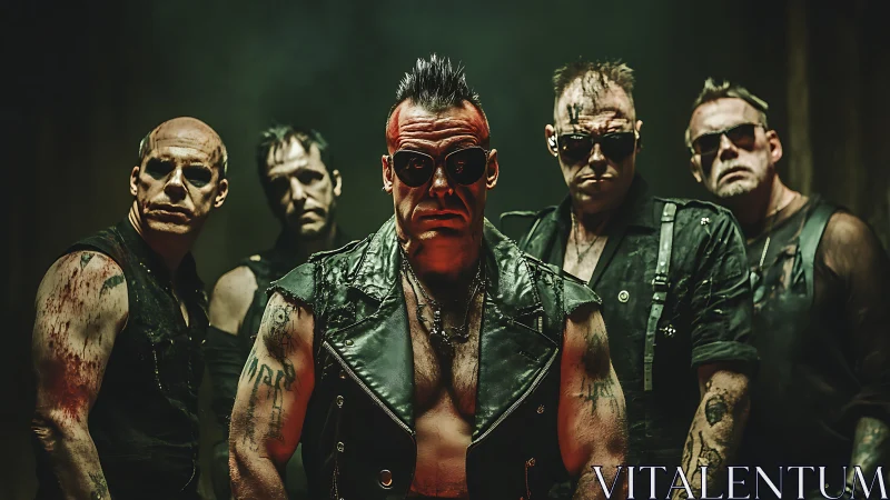 Industrial punk band under harsh cinematic lighting.