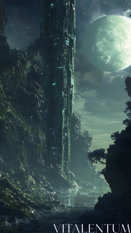 Tall alien tower rises above misty canyon river under moon