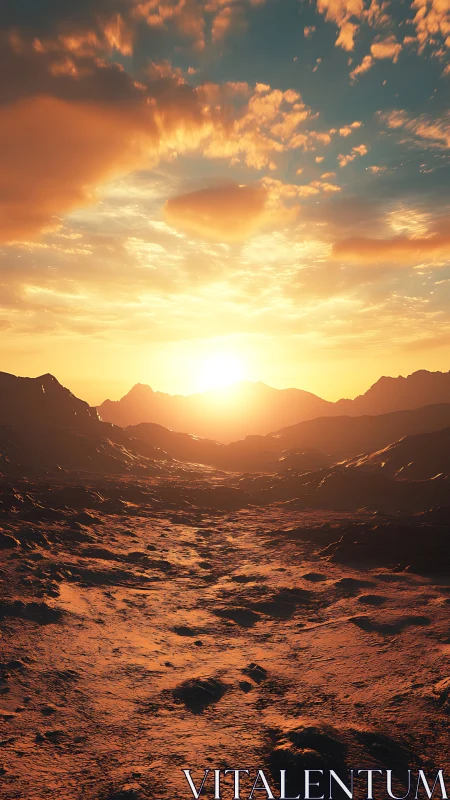 Sunlit rocky valley under warm clouds at low horizon sunset