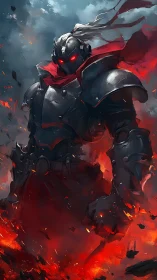 Armored dark knight rises through fire with burning gaze.