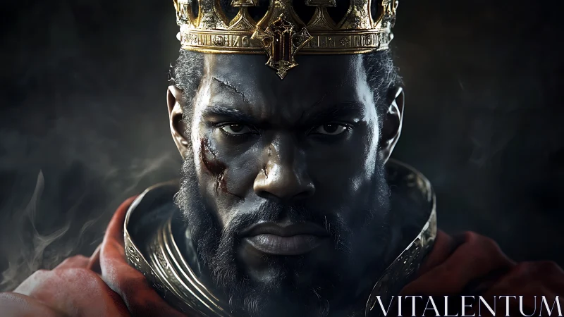 Battle-scarred king stares forward with intense focus