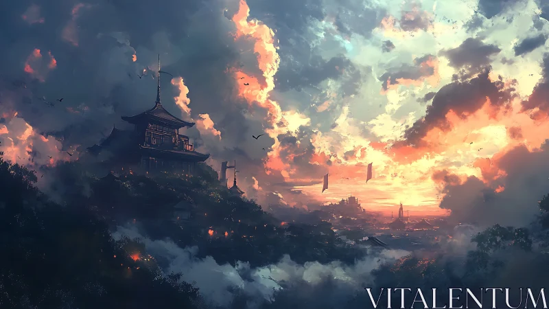 Layered clouds over hillside pagoda and distant city at dusk.