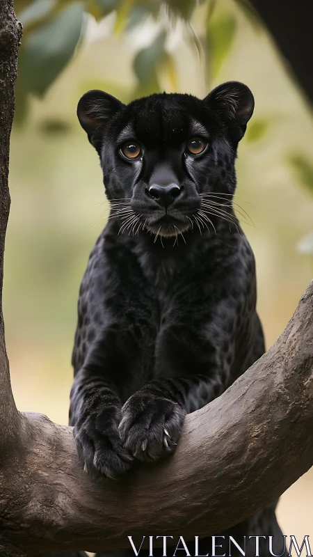 Black Panther Rests on Tree Branch with Piercing Amber Eyes.