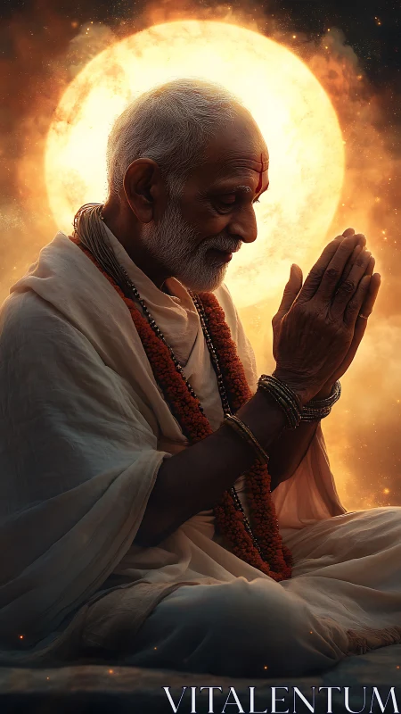 Sun-bathed sage in quiet prayer beneath a cosmic halo.