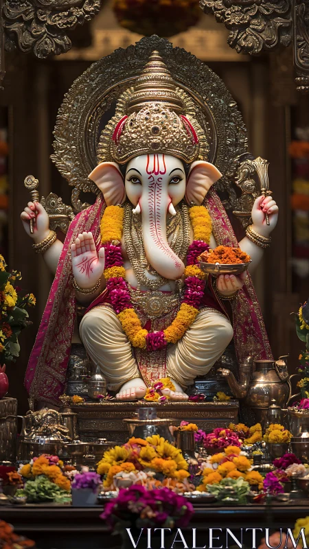 Ornate Ganesha shrine with floral offerings and metallic ritualware.