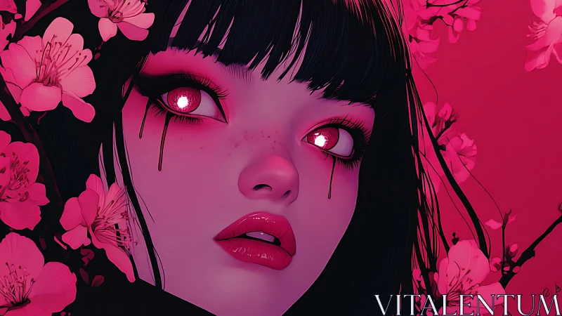 Blossom-eyed girl gazes softly through glowing pink midnight