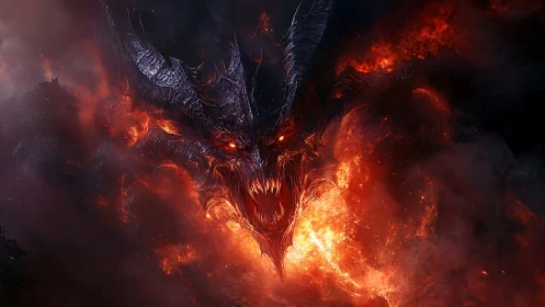 Infernal dragon entity emerging through eruptive firestorm.