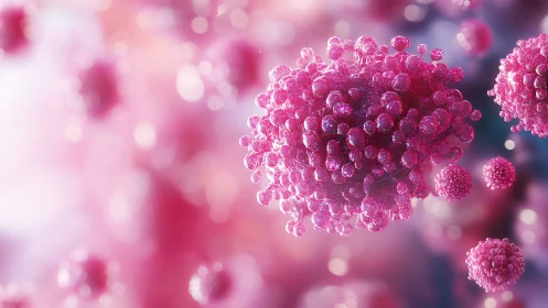 Microscopic render of clustered spherical viral particles.