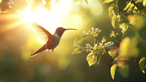 Hummingbird Hovering by Blossoms in Warm Golden Sunlight.