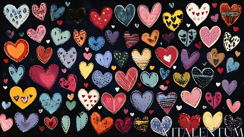 Colorful Hand-Drawn Hearts Pattern on Dark Background